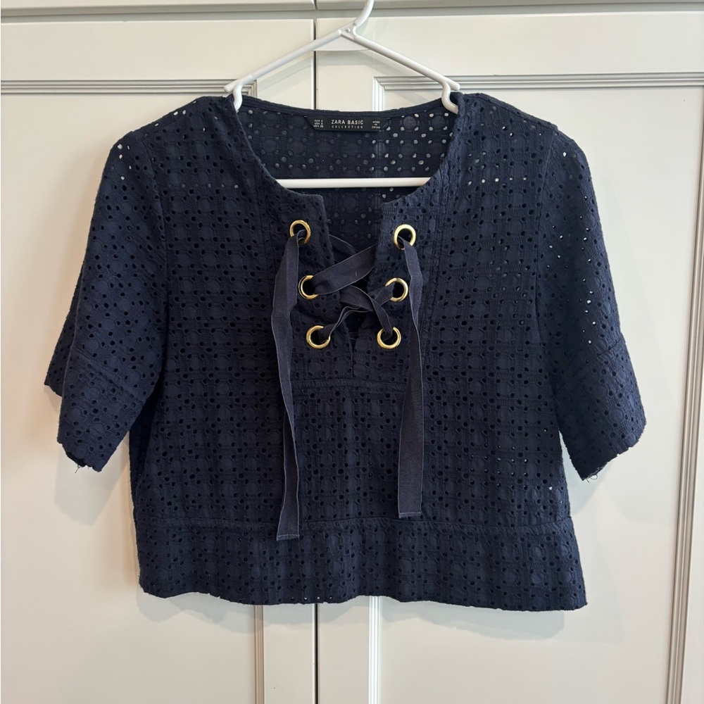 Zara Navy Eyelet Lace-Up Short Sleeve Blouse